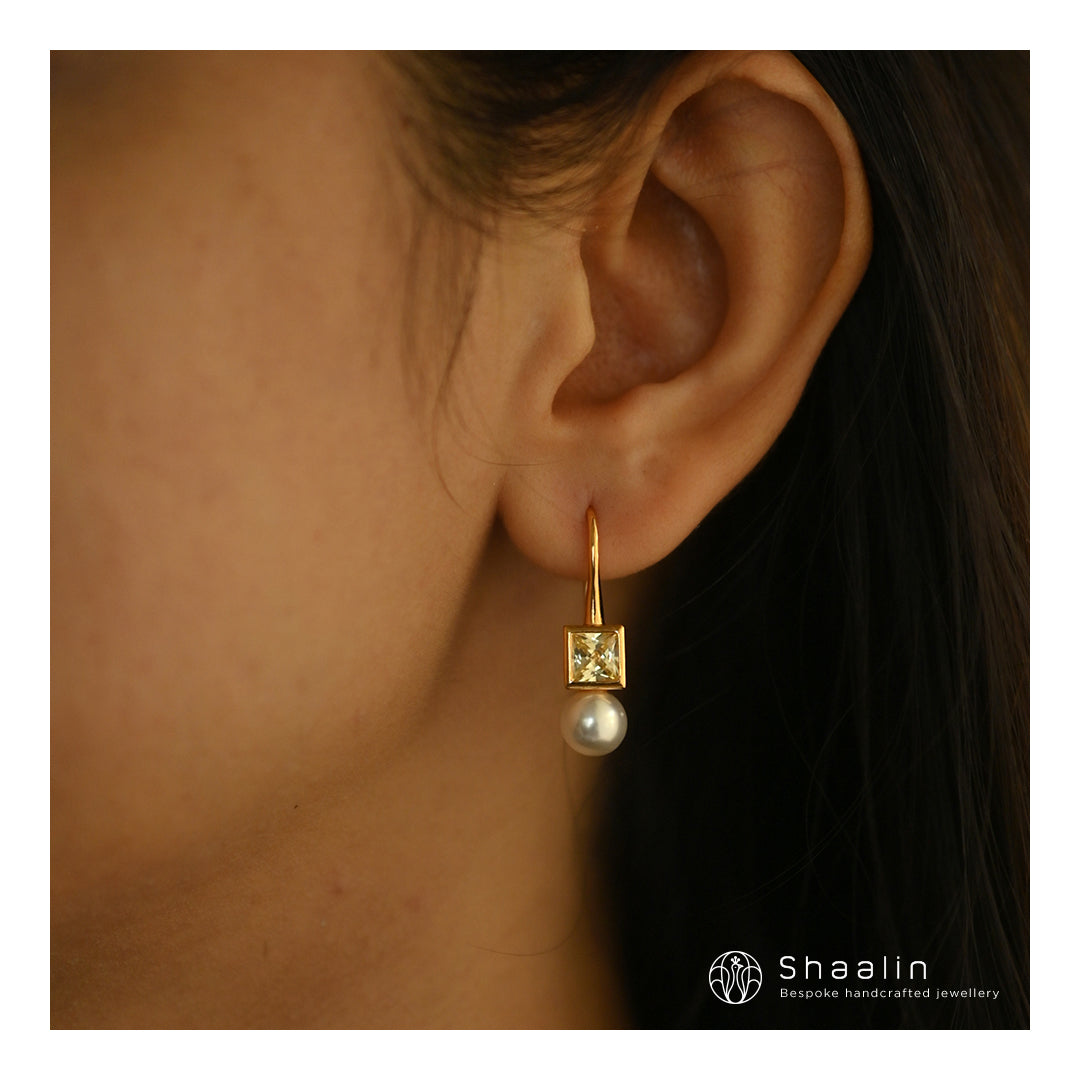 Citrine Stone Pearl Drop Earrings