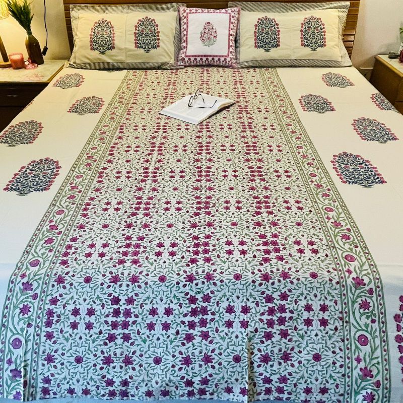 Mughal Floral Premium Cotton Bedsheet with Pillow Covers
