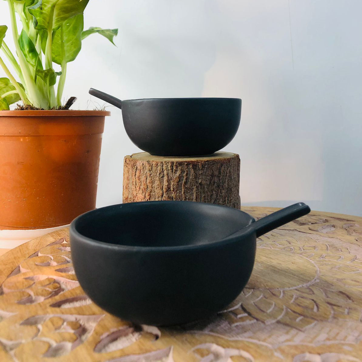 Handmade Ceramic Soup Bowl with Spoon (Set of 4)