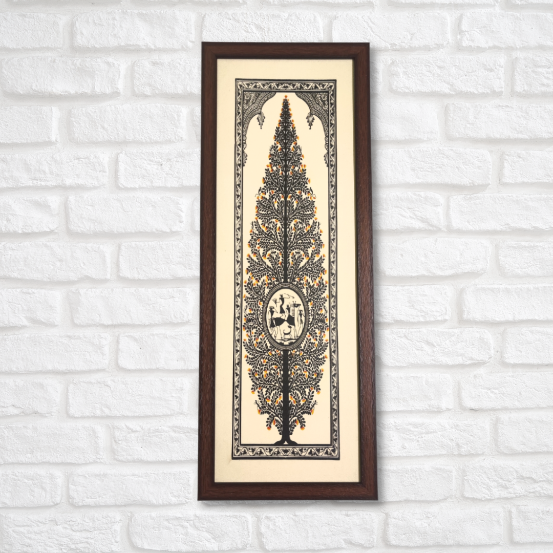 Hand Printed Black Tree of Life Tussar Silk Painting