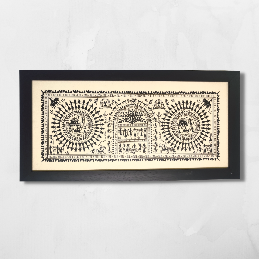 Hand Printed Saura Tribal Painting on Tussar Silk | Framed Artworks