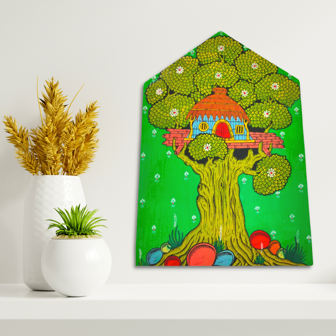 Green Hand-Painted Pattachitra Tree of Life Wall Art