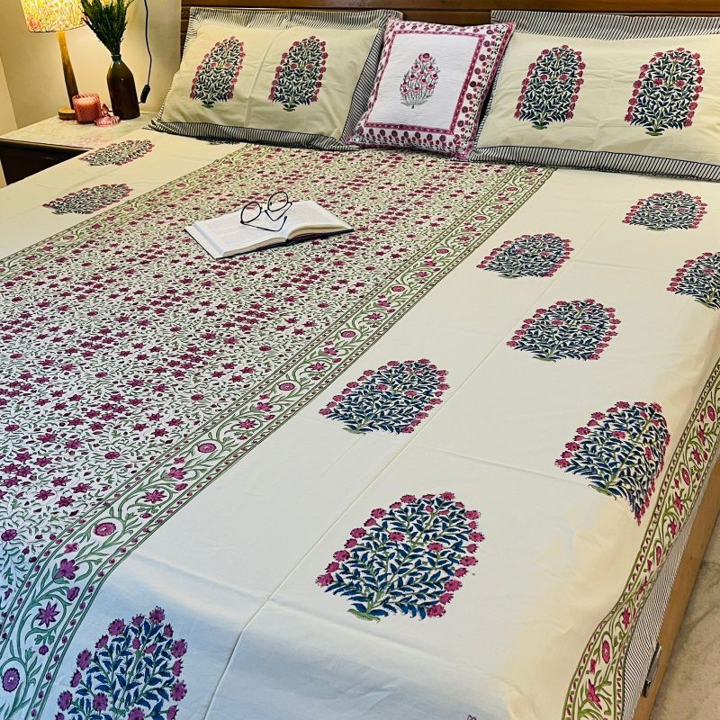 Mughal Floral Premium Cotton Bedsheet with Pillow Covers