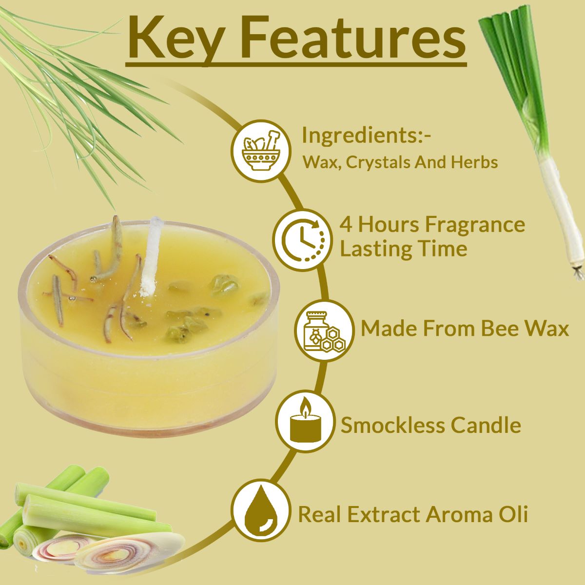 Lemongrass Scented Bee's Wax Tea Light Candles (Set of 10)