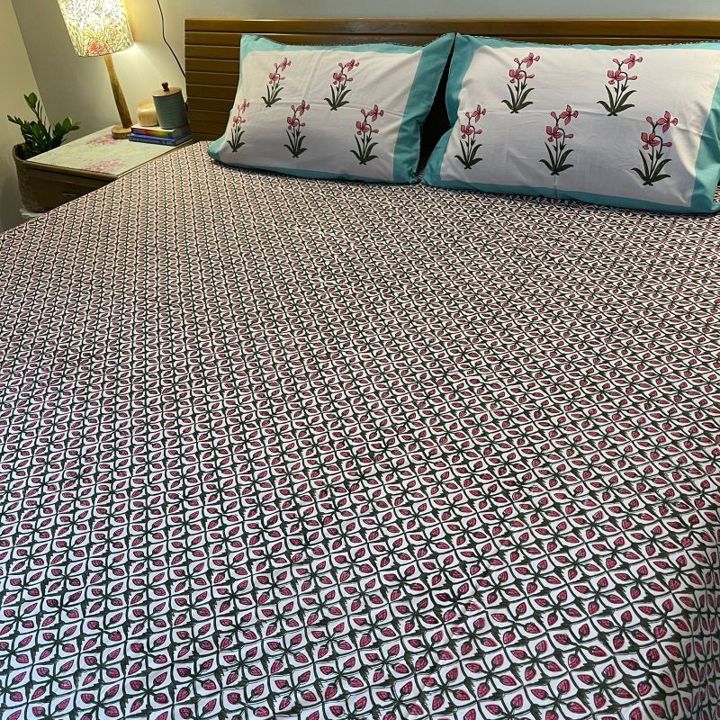 Pink Floral Buta Premium Cotton (Queen Size) Bedsheet Set