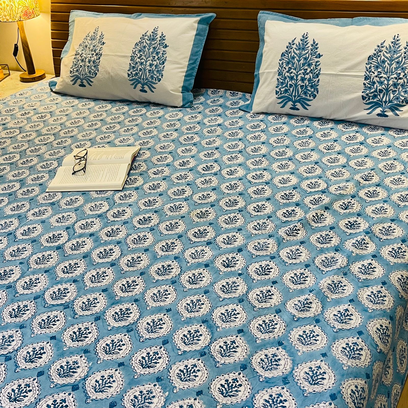 Blue Mughal Print Premium Cotton Queen Size Bedsheet Set