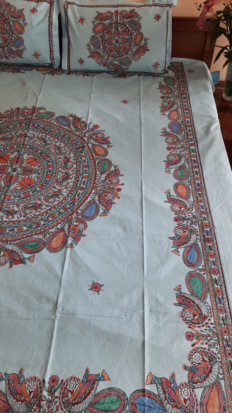 Blue Handpainted Mahubani Art Bed Cover