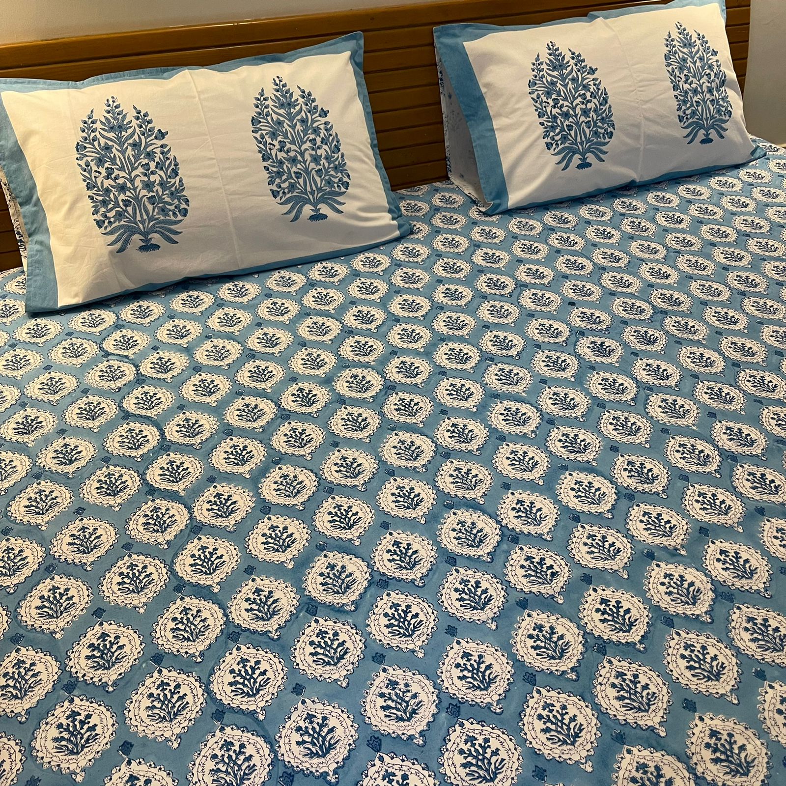 Blue Mughal Print Premium Cotton Queen Size Bedsheet Set
