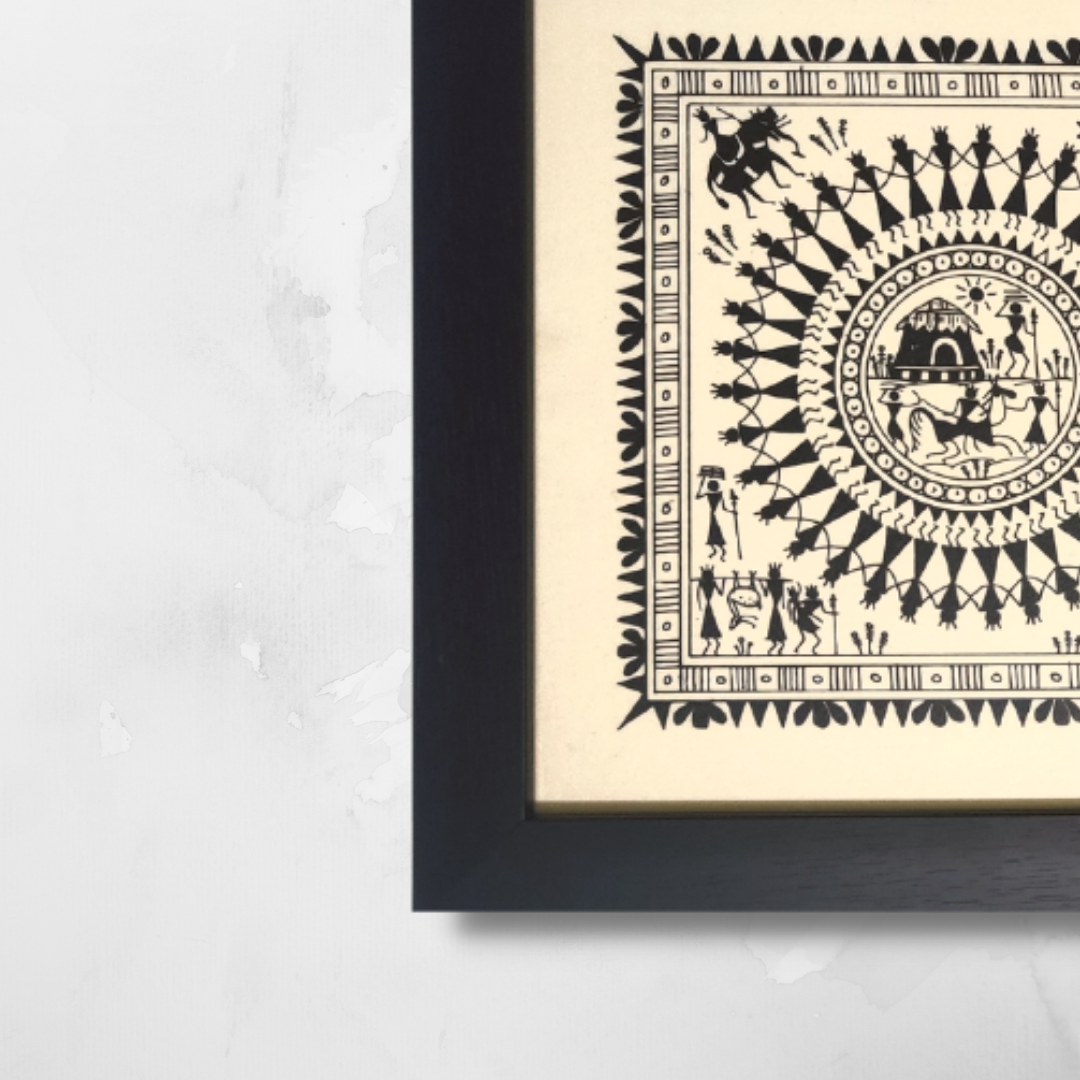 Hand Printed Saura Tribal Painting on Tussar Silk | Framed Artworks