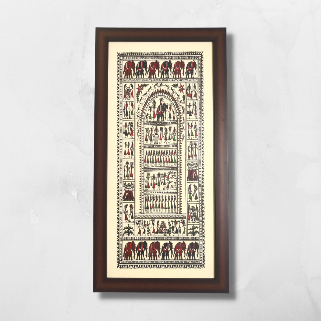 Hand Printed Framed Saura Tribal Painting on Tussar Silk