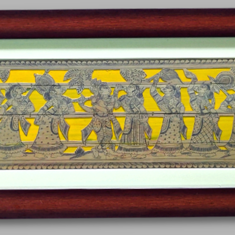 Krishna Rasleela Palm Leaf Engraving Framed Art