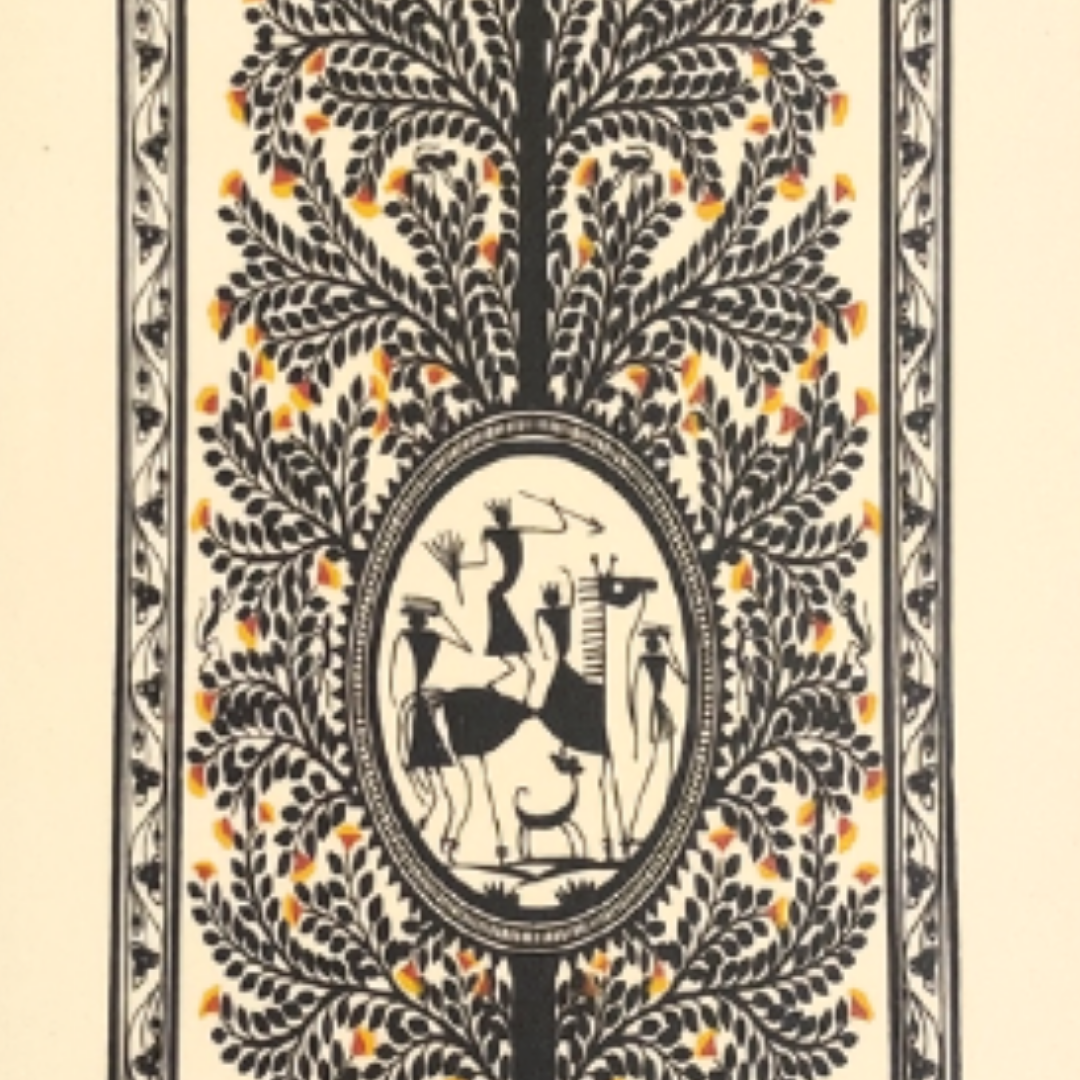 Hand Printed Black Tree of Life Tussar Silk Painting