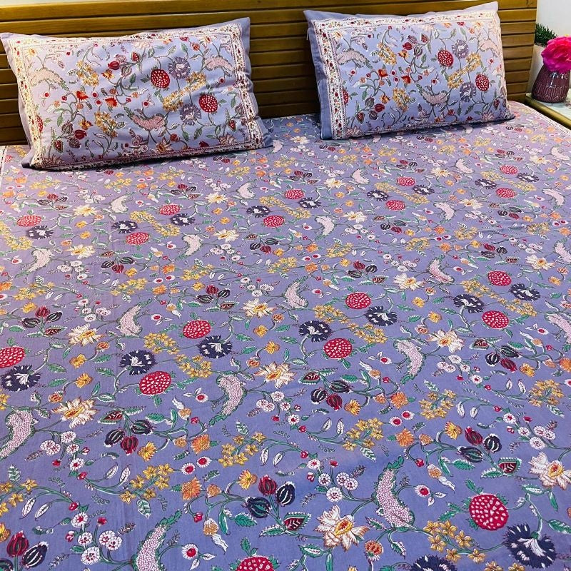 Purple Floral Cotton Bedsheet (Queen Size)