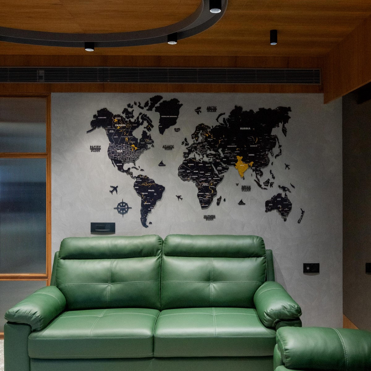 3D Black & Yellow Wooden World Map