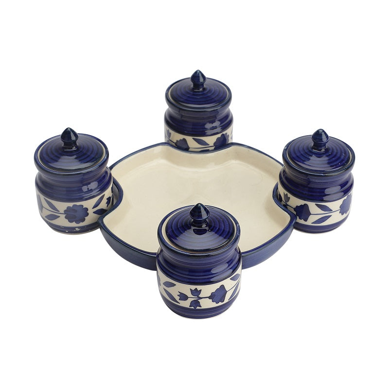 Blue Ceramic Handcrafted Pickle Jars with Tray (Set of 4)