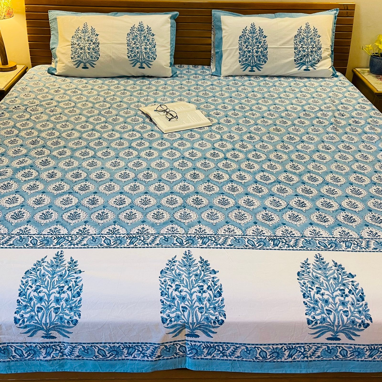 Blue Mughal Print Premium Cotton Queen Size Bedsheet Set