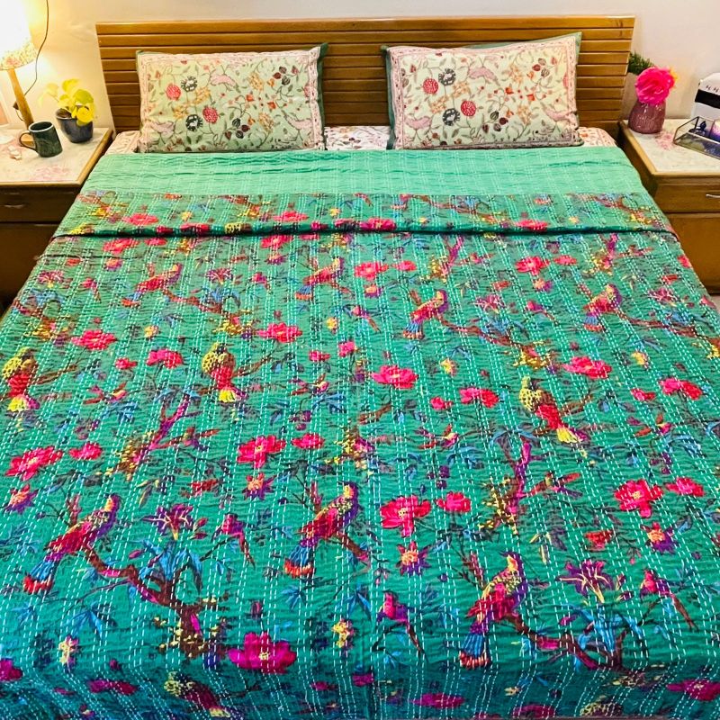 Green Kantha Work Bedcover (Queen Size)