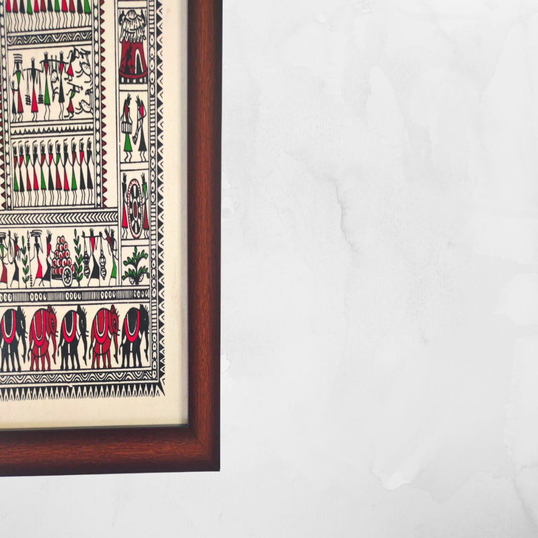 Hand Printed Framed Saura Tribal Painting on Tussar Silk