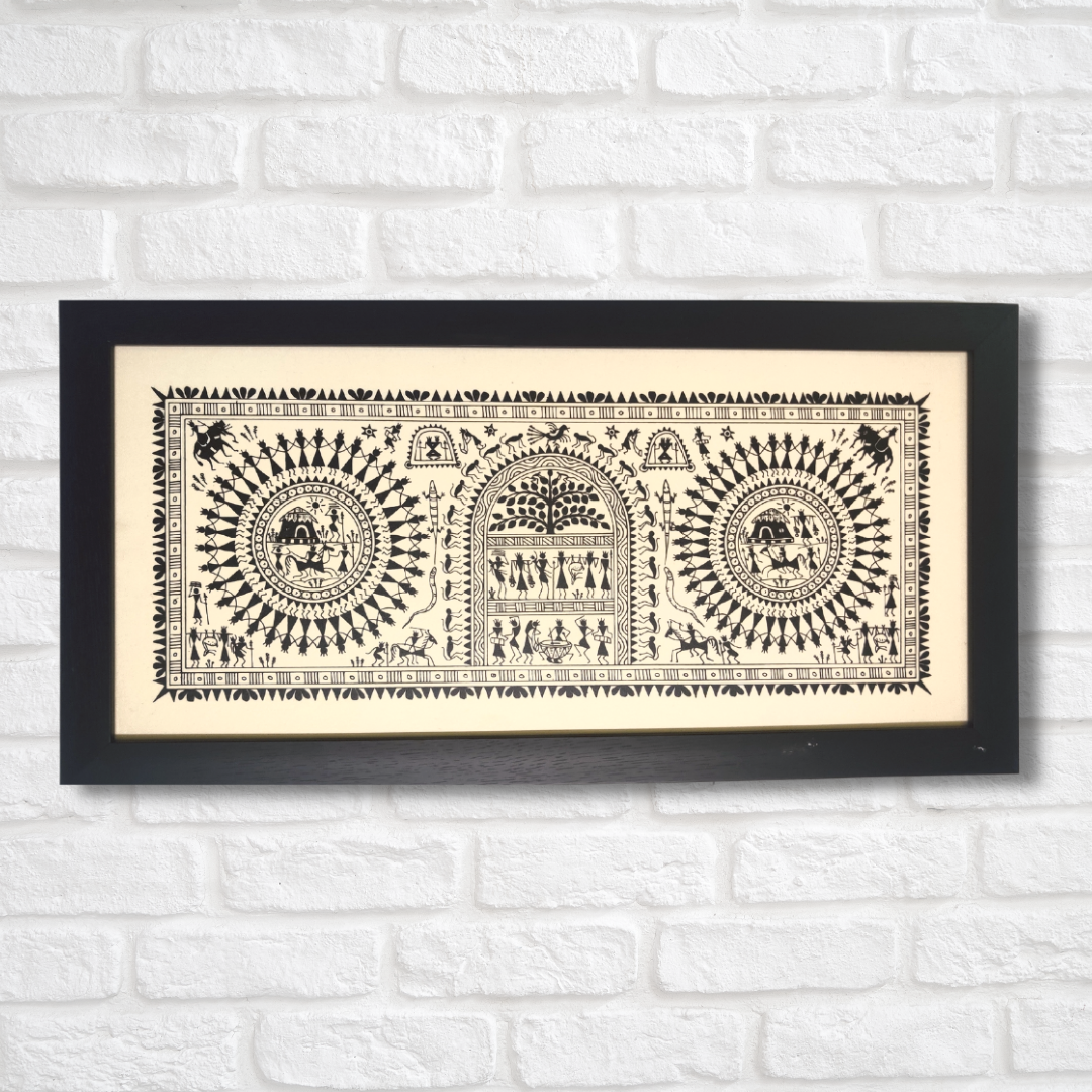 Hand Printed Saura Tribal Painting on Tussar Silk | Framed Artworks