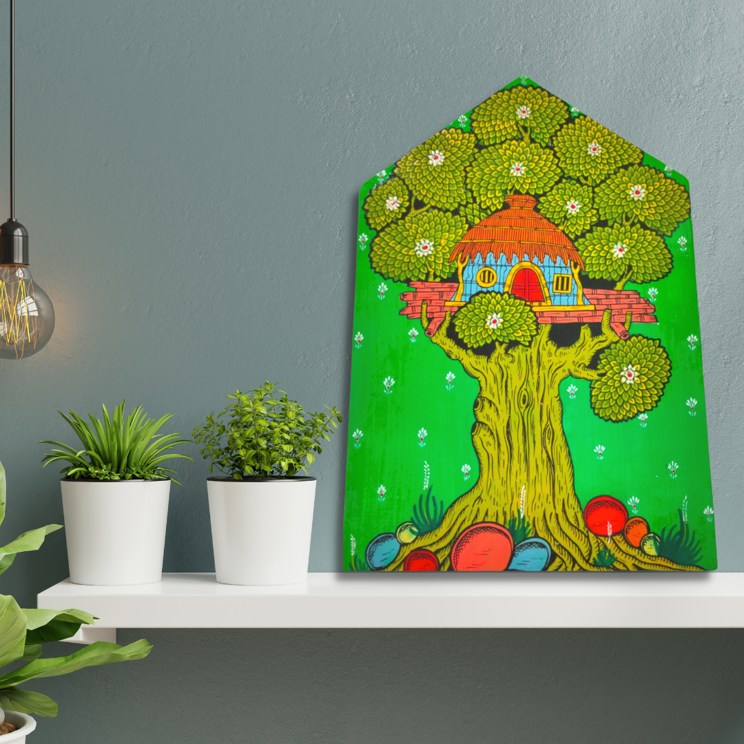 Green Hand-Painted Pattachitra Tree of Life Wall Art