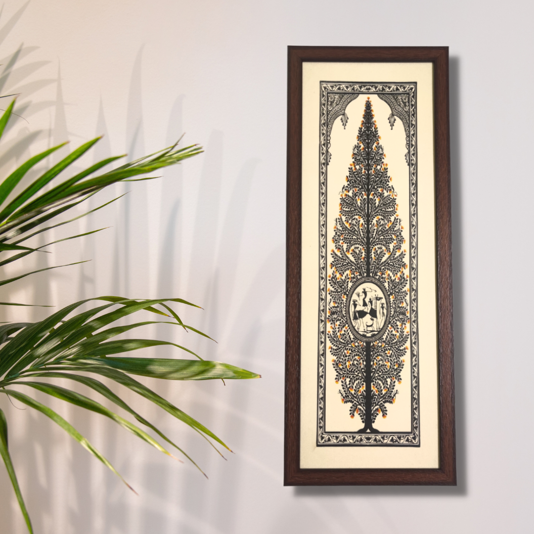 Hand Printed Black Tree of Life Tussar Silk Painting