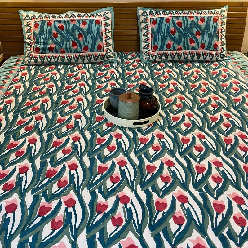 Tulip Handblock Printed Cotton Bedsheet (Queen Size) with Pillow covers