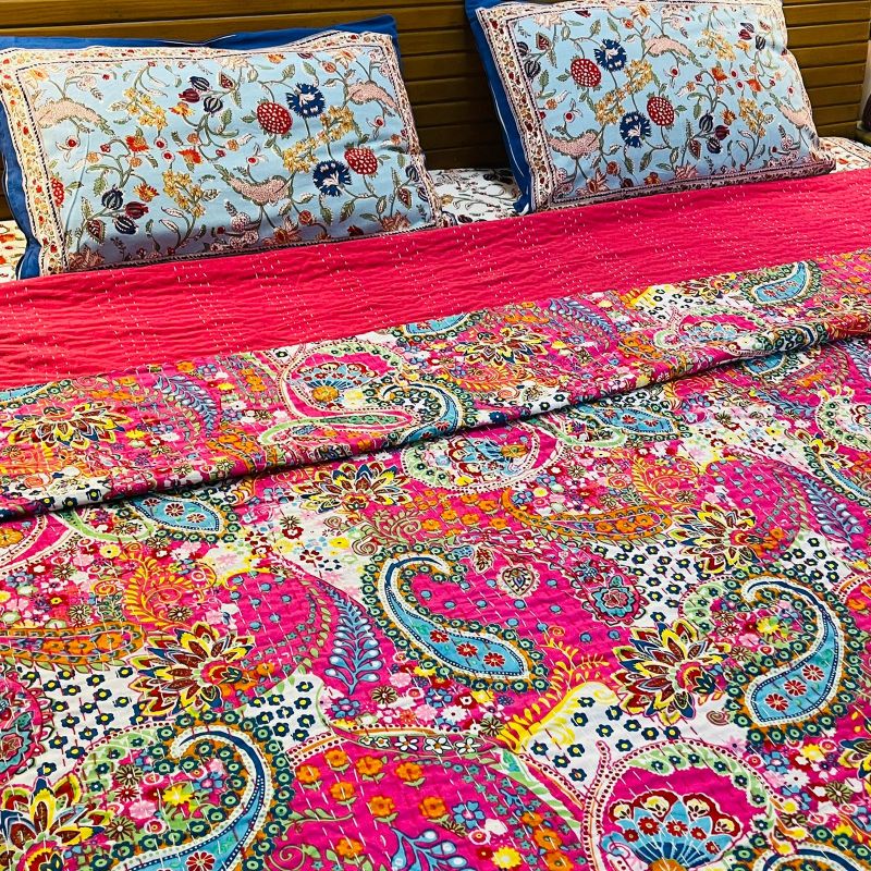 Pink Paisley Kantha Work Bedcover (Queen Size)
