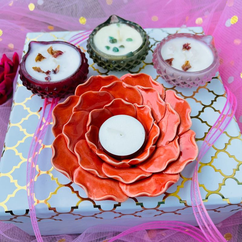 Diwali Gift Box I Ceramic Tea Light & Crystal Diya Candles