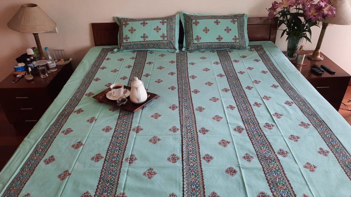 Green Handpainted Mahubani Art Bed Cover (Pillowcase included)