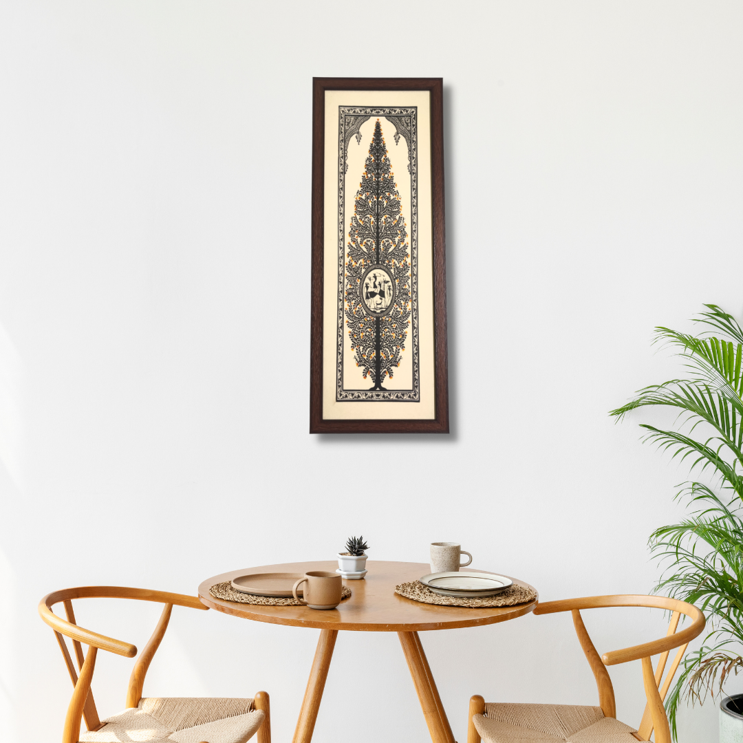 Hand Printed Black Tree of Life Tussar Silk Painting
