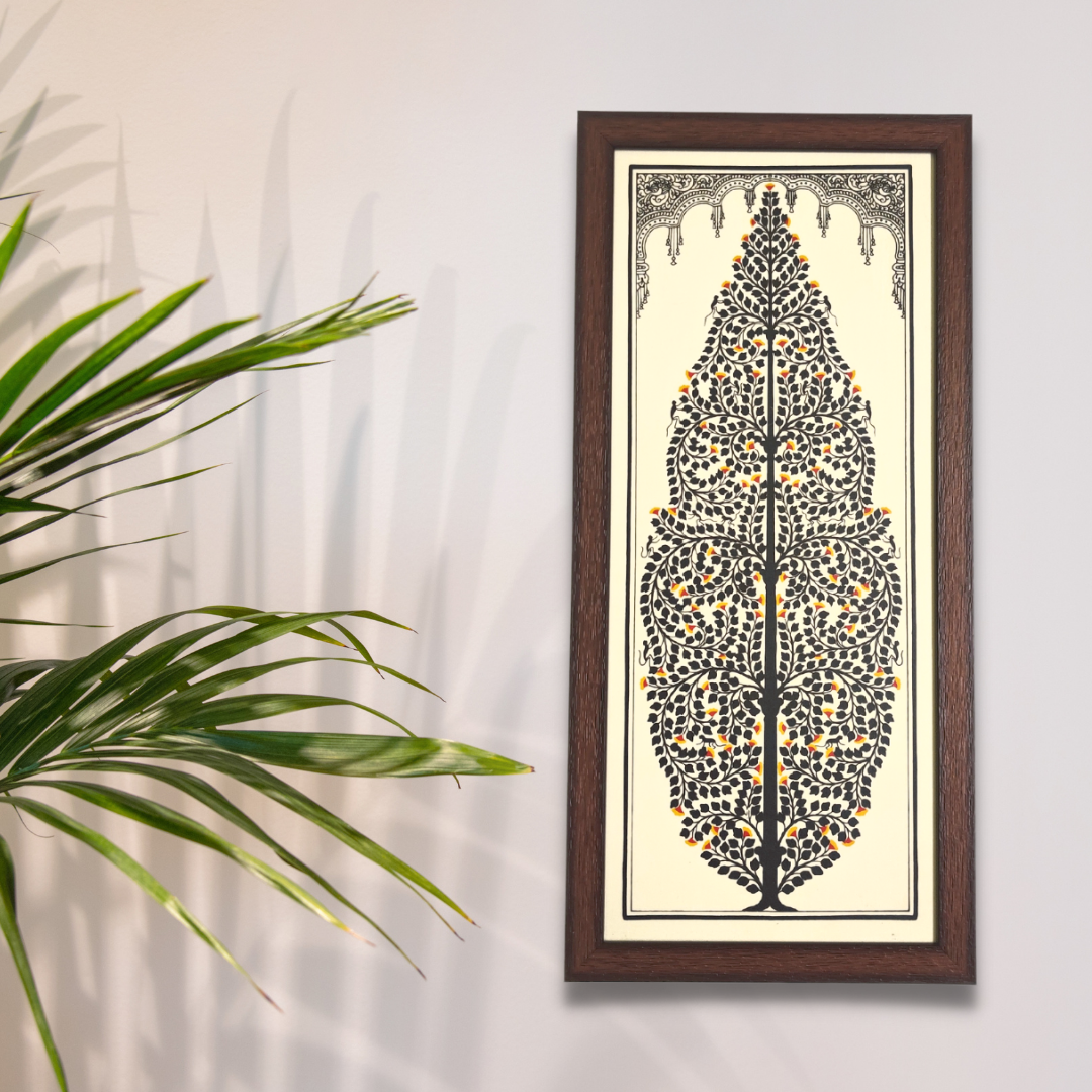 Black Tree of Life Tussar Silk Picture Frame | Pattachitra Painting