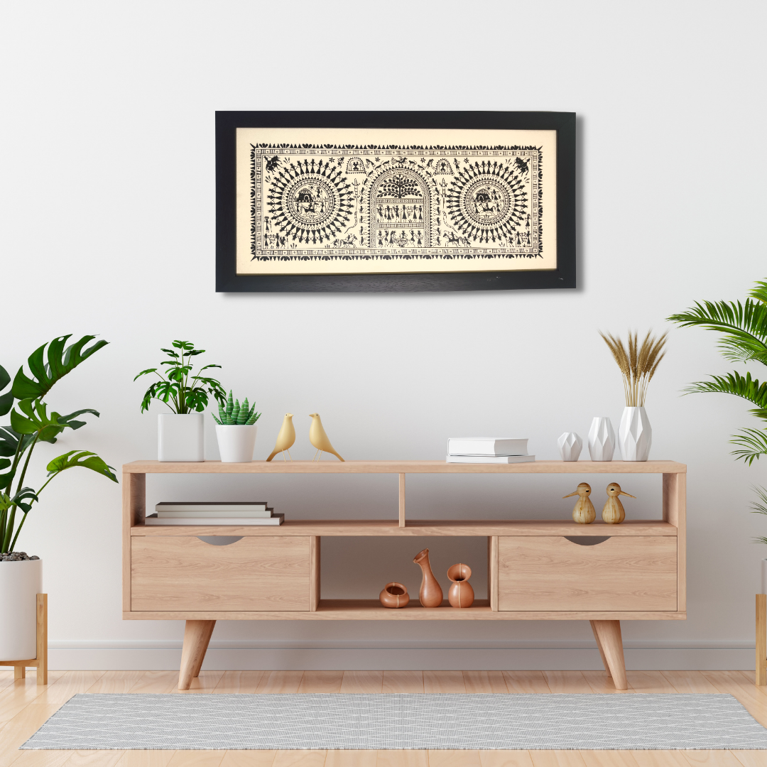 Hand Printed Saura Tribal Painting on Tussar Silk | Framed Artworks