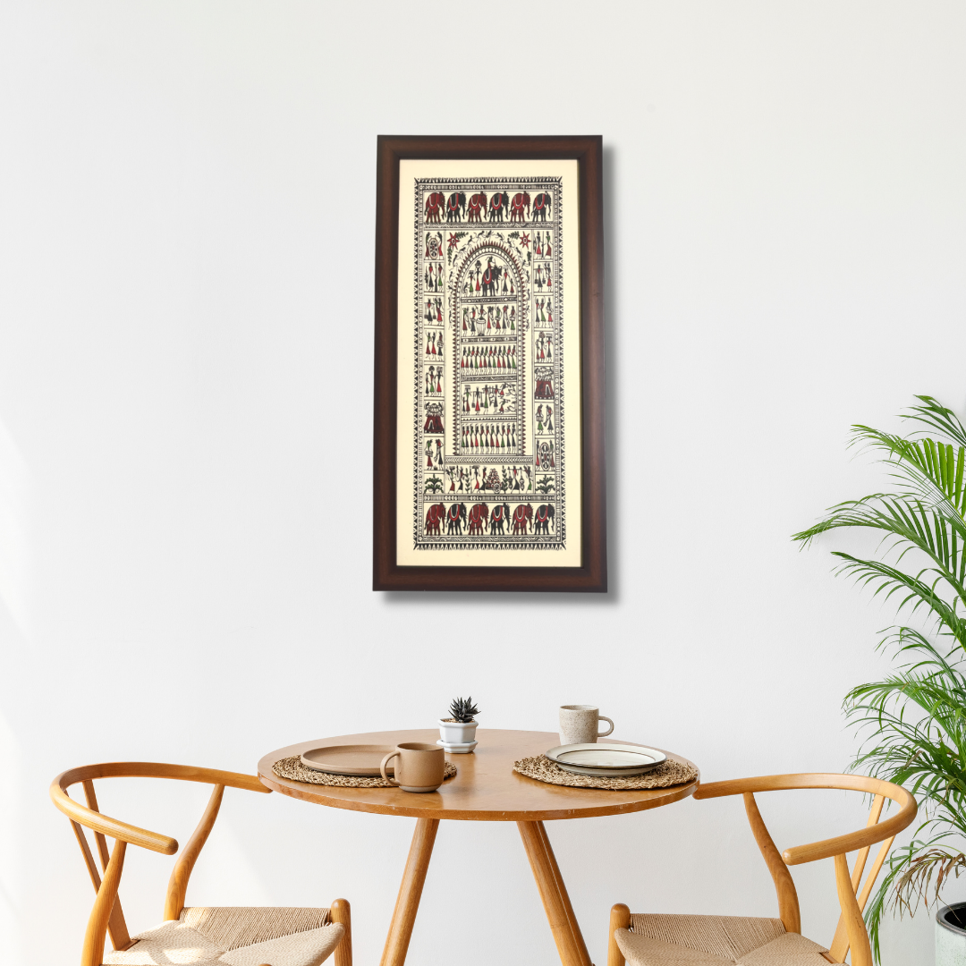 Hand Printed Framed Saura Tribal Painting on Tussar Silk