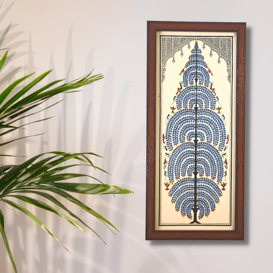 Blue Tussar Silk Painting | Pattachitra Tree of Life | Framed Artwork