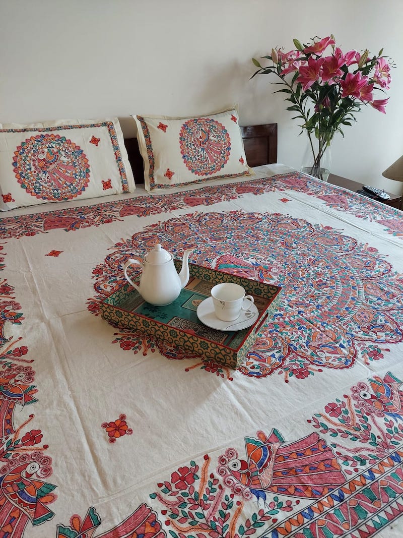 Off White Handpainted Mahubani Art Bed Cover (Pillowcase included)