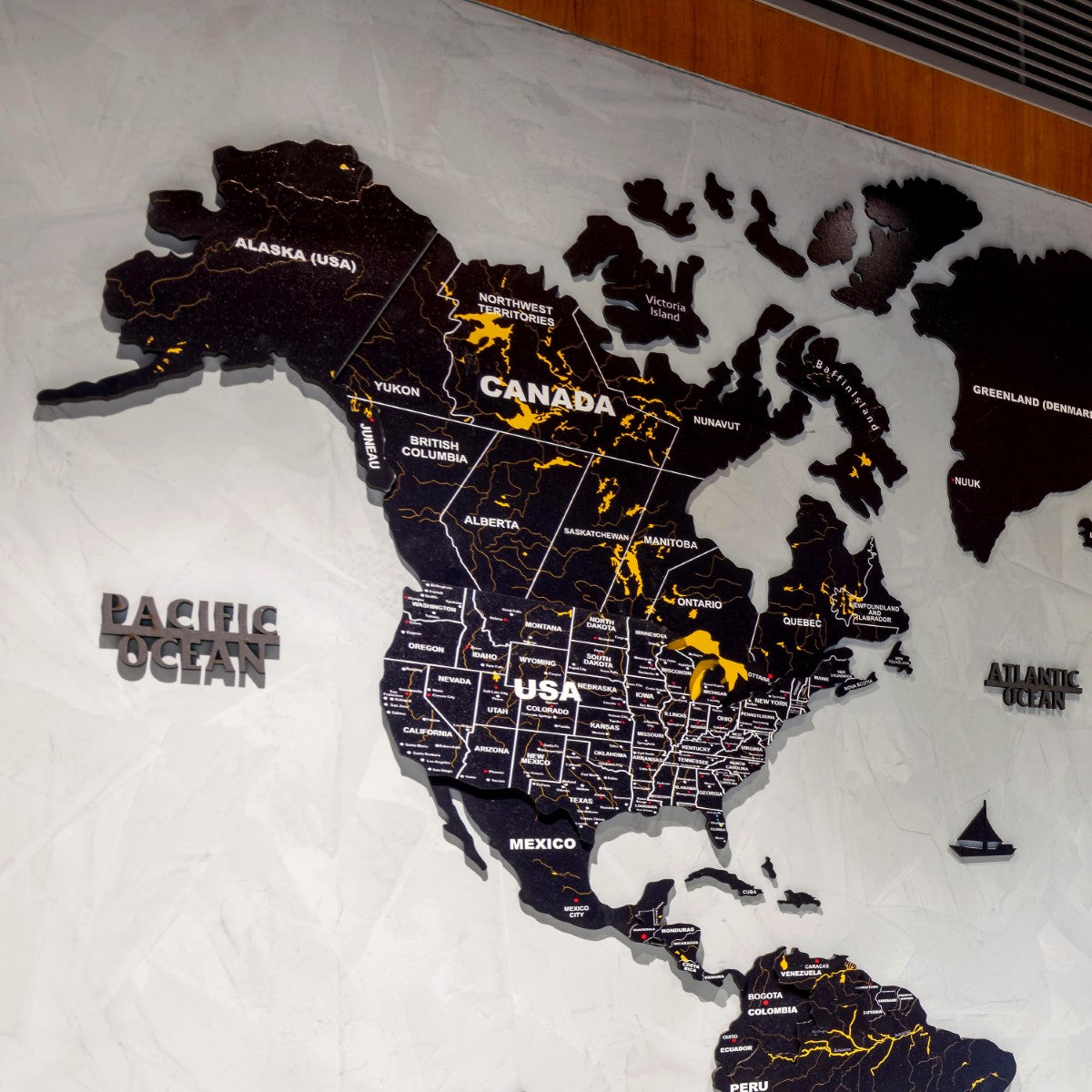 3D Black & Yellow Wooden World Map