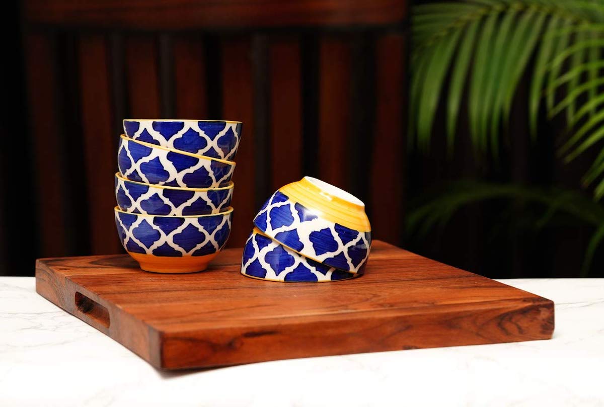 Moroccan Blue Hand-Painted Ceramic Bowls (Pack of 6)