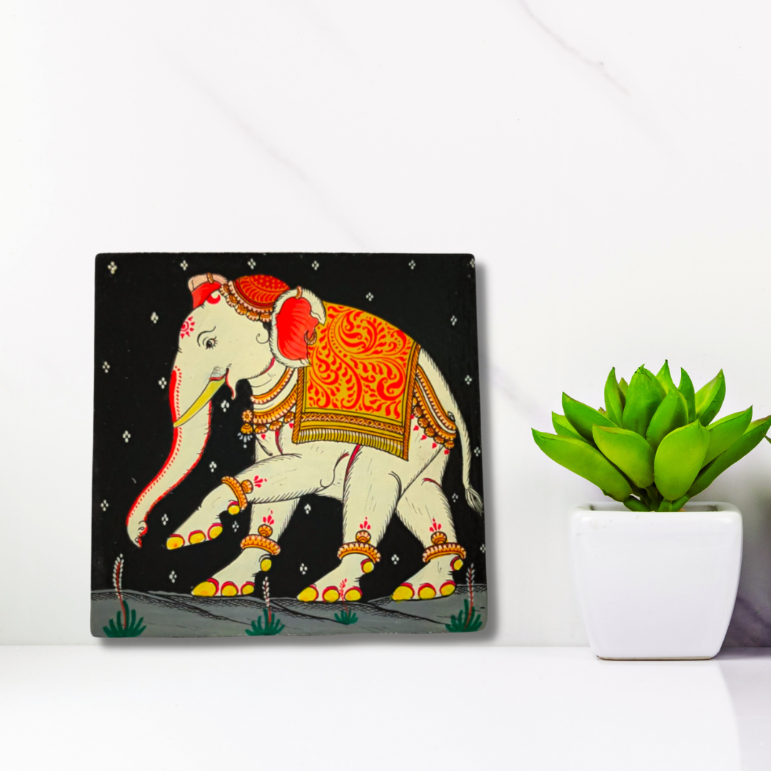 Pattachitra Elephant Square Wall Plate