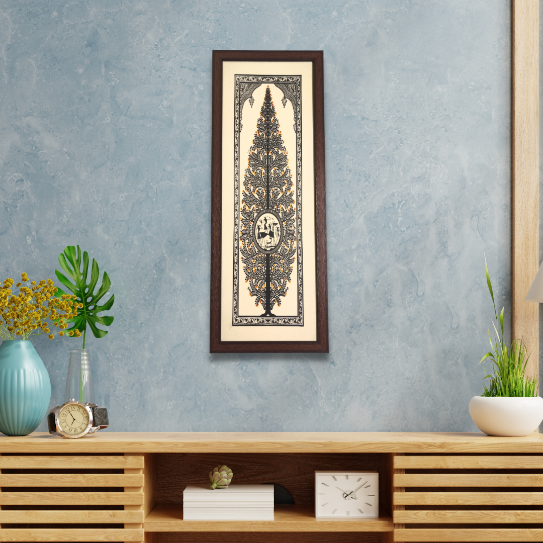 Hand Printed Black Tree of Life Tussar Silk Painting
