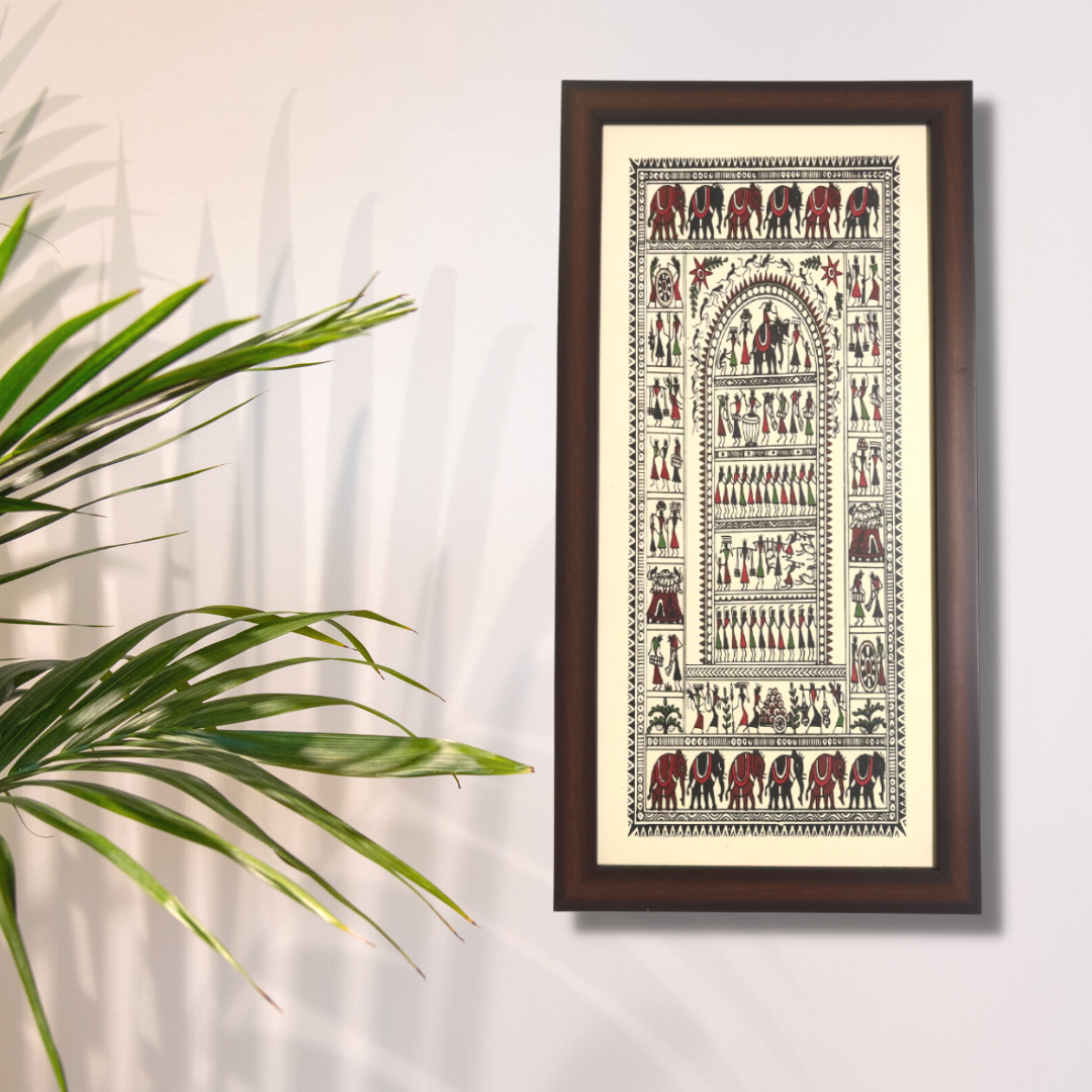 Hand Printed Framed Saura Tribal Painting on Tussar Silk