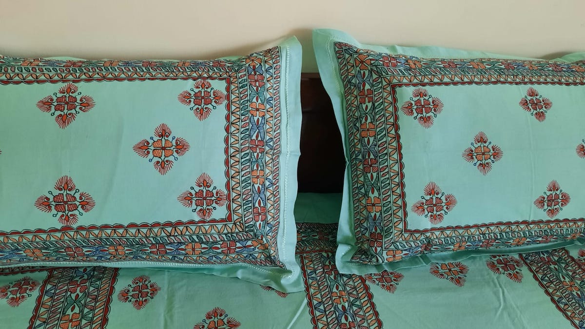 Green Handpainted Mahubani Art Bed Cover (Pillowcase included)