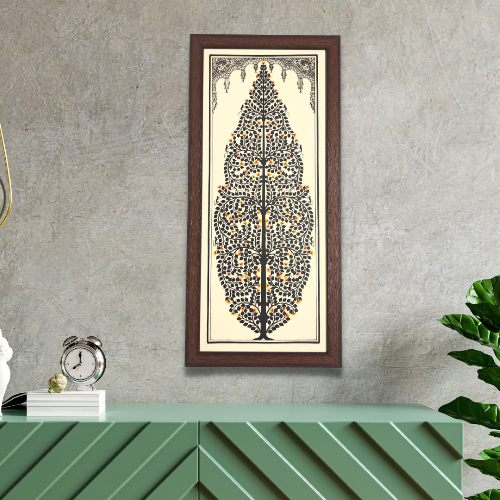 Black Tree of Life Tussar Silk Picture Frame | Pattachitra Painting