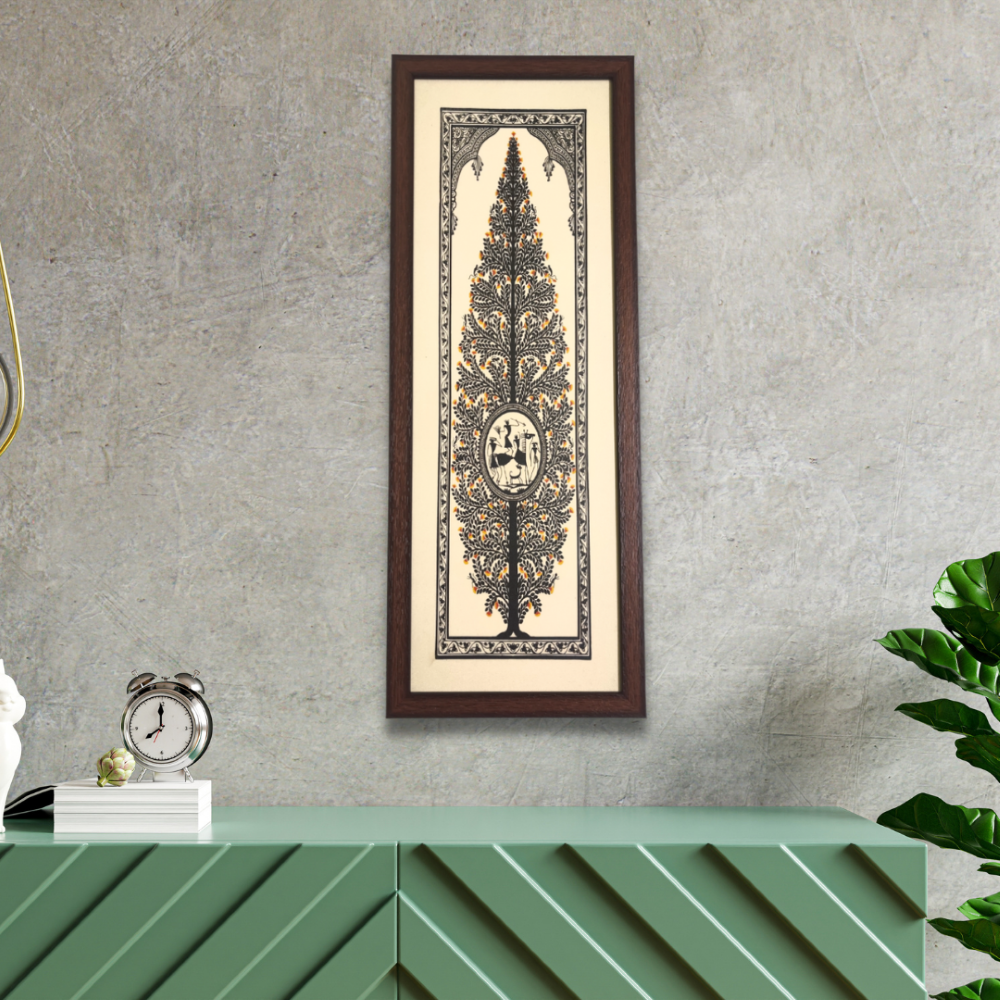 Hand Printed Black Tree of Life Tussar Silk Painting