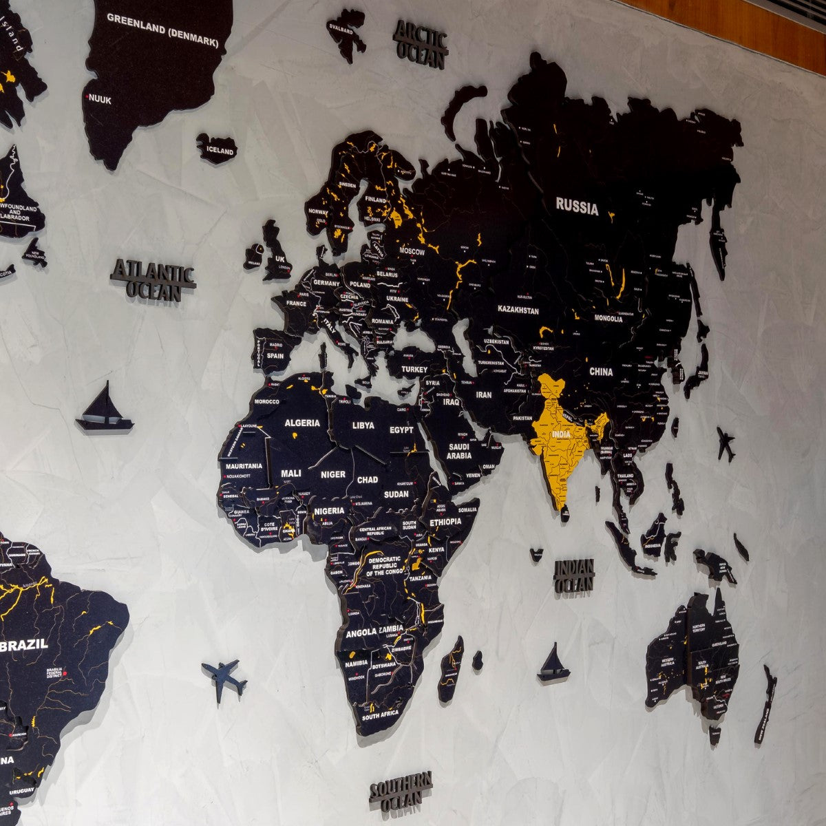3D Black & Yellow Wooden World Map