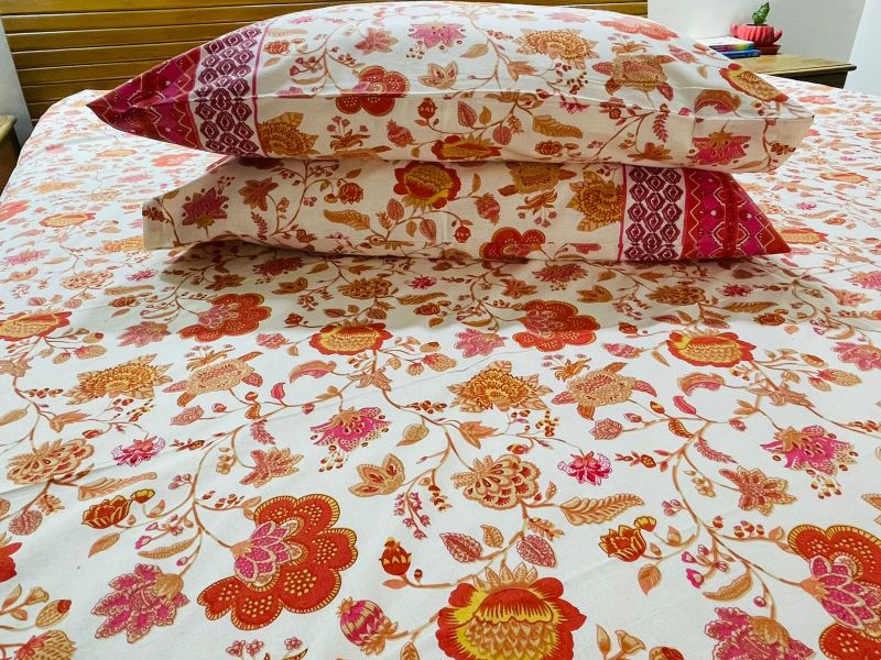 Mustard & Pink Cotton Queen Size Bedsheet