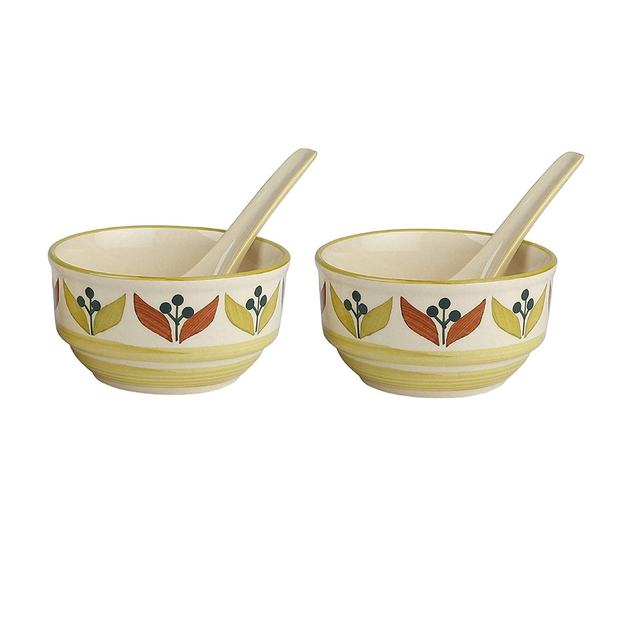 Handpainted Leaf-Srip  Ceramic Soup Bowls & Spoons (Set of 2)