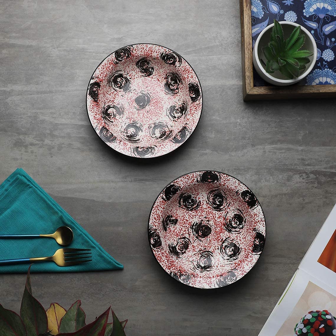 Black & Pink Color Ceramic Hand-Painted Pasta/Soup/Snack Plate(Set Of 2 Plates)
