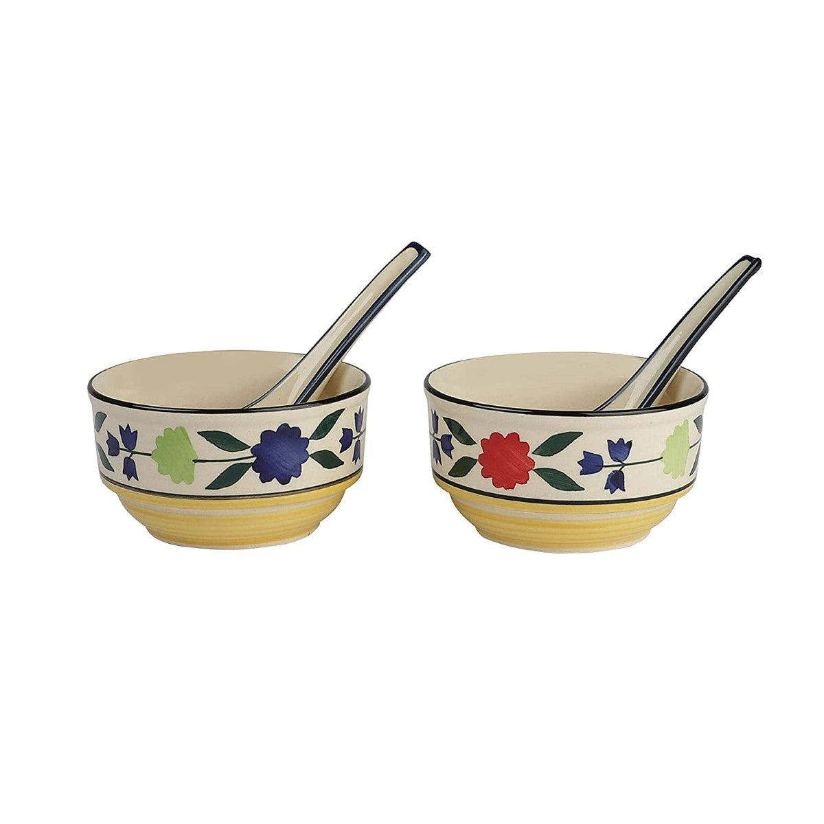 Handpainted Floral Ceramic Soup Bowls & Spoons (Set of 2)