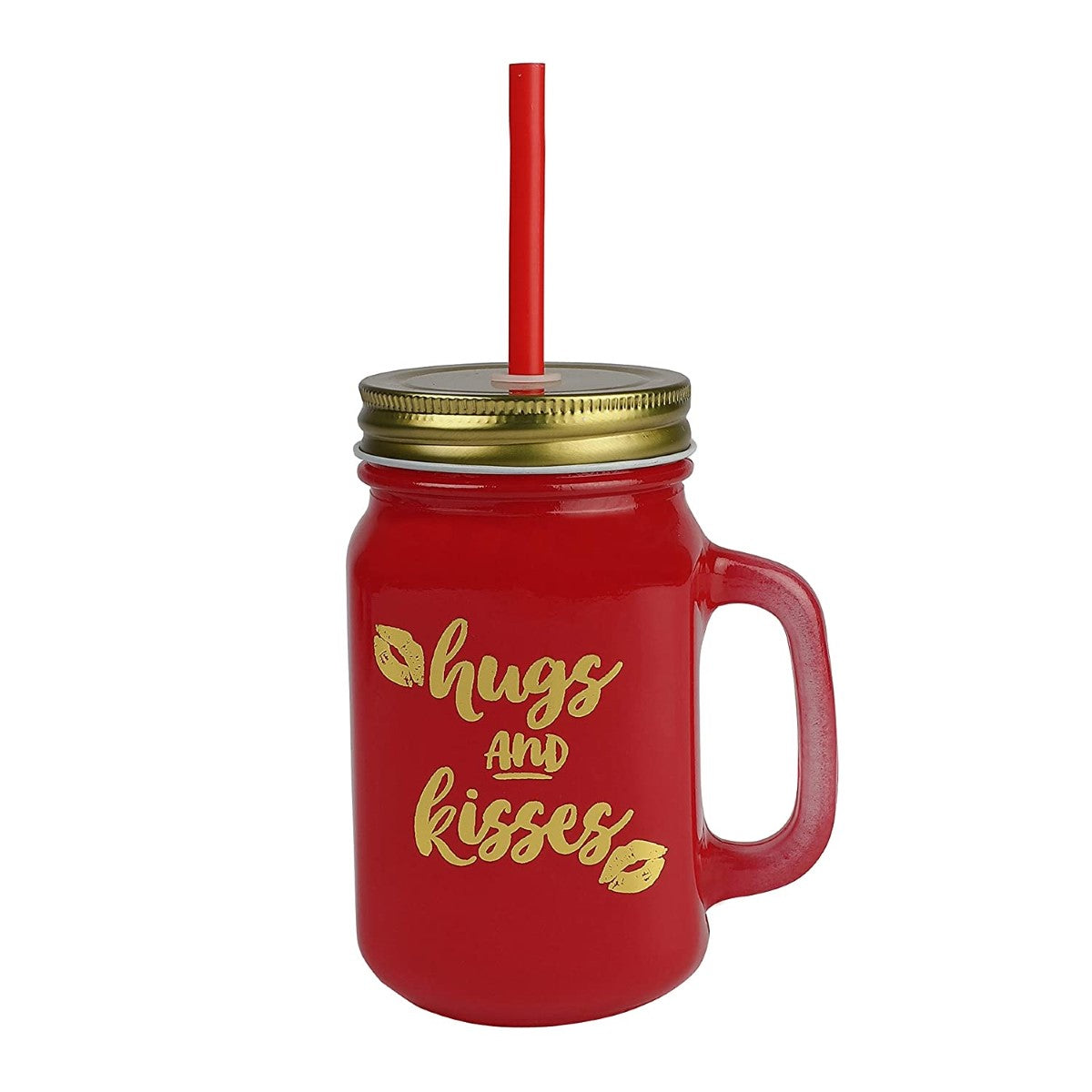 Red Color Mason Jar With Lid And Reusable Straw - 500 ml