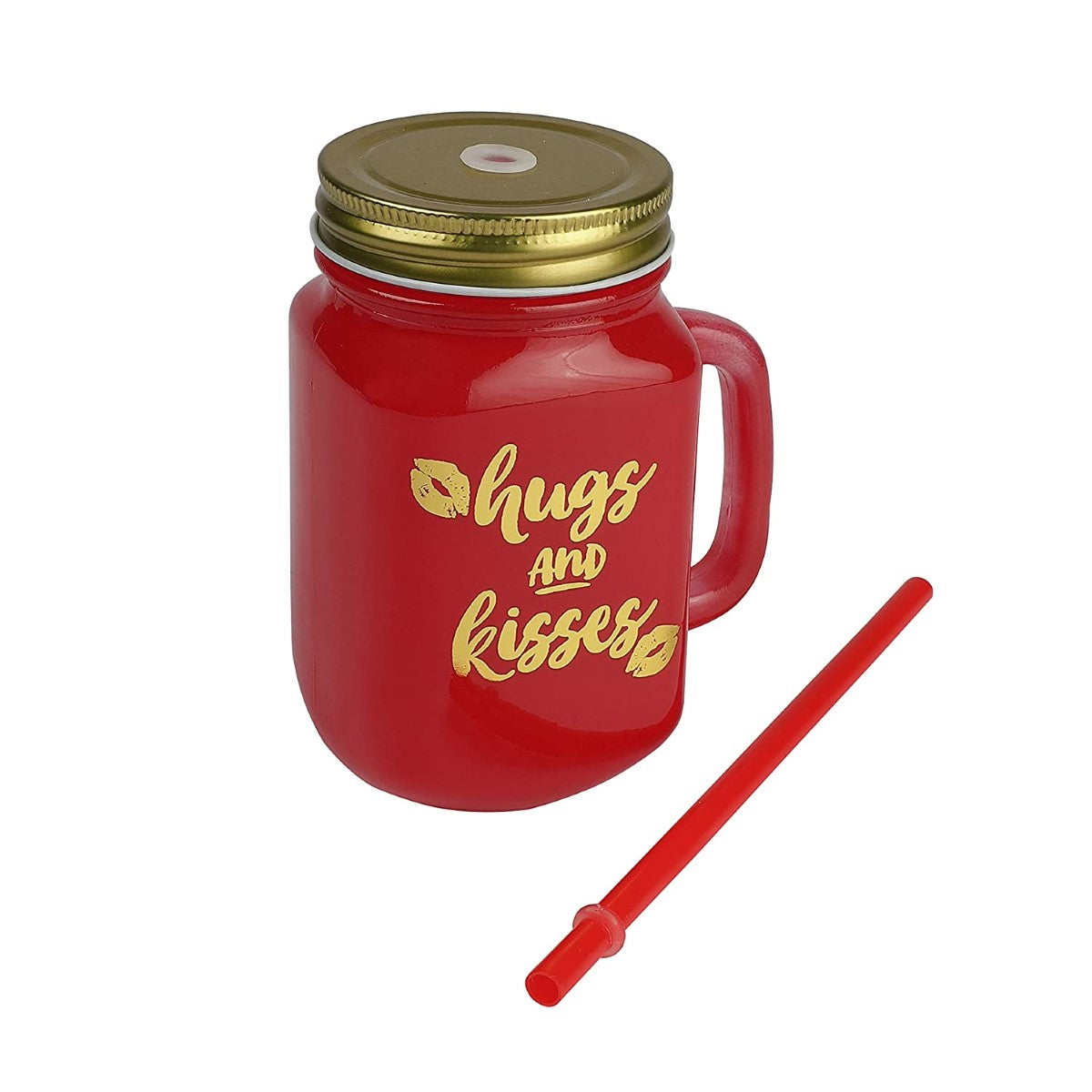 Red Color Mason Jar With Lid And Reusable Straw - 500 ml